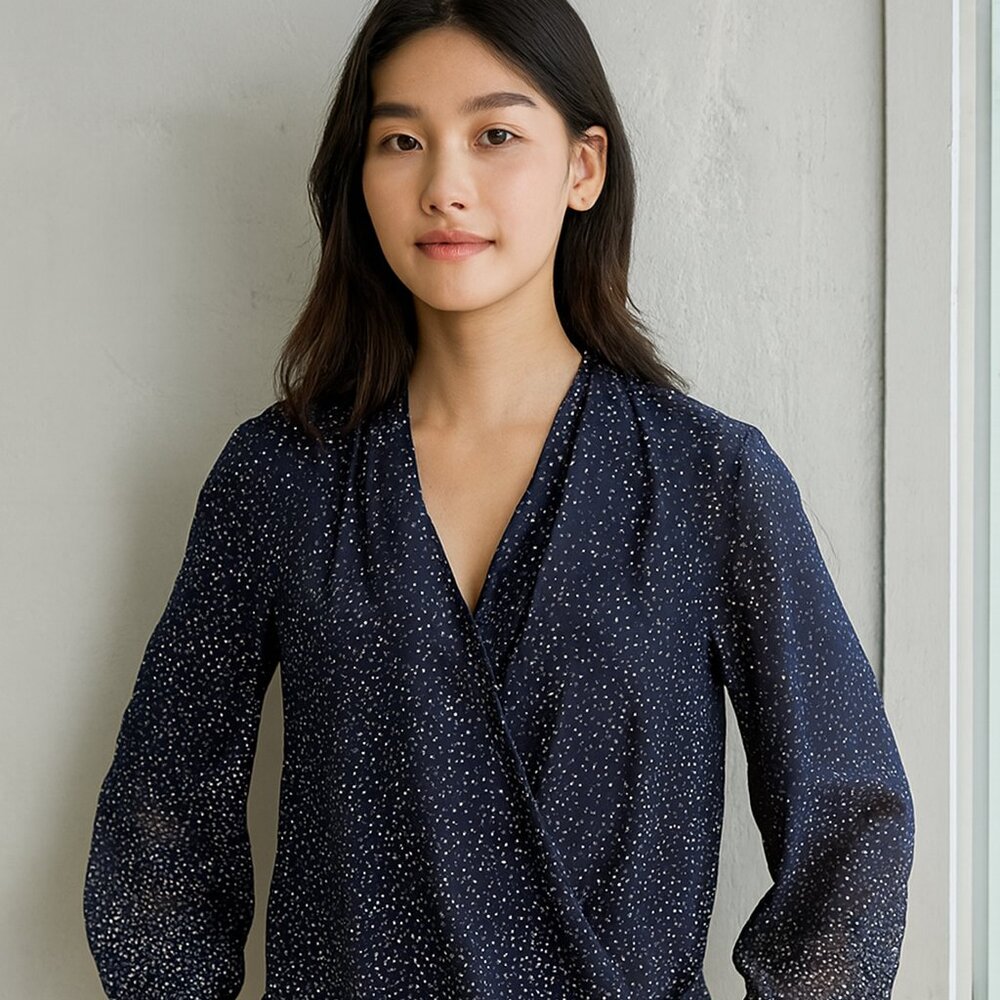 Ashley Stewart Drop Front Faux Wrap Women 26 Navy/White Polka Dot Boho Dress Top